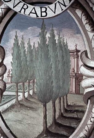 Innendekoration der Schlosskapelle — Wanddekoration der Schlosskapelle — Emblematische Darstellungen in den Gewänden und Stürzen des Erdgeschosses — Allee in einem Garten