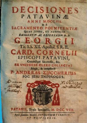 Decisiones Patavinae anni M.DCC.VII. de sacramento poenitentiae