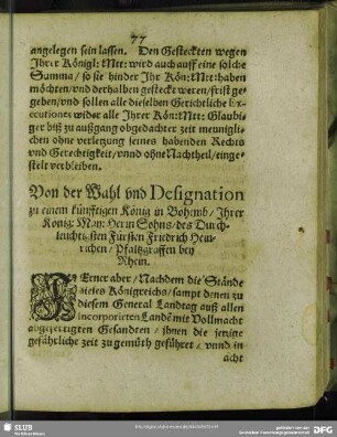 Von der Wahl und Designation zu einem künfftigen König in Bohemb, Ihrer König: May: Herrn Sohns, des Durchleuchtigsten Fürsten Friedrich Heinrichen, Pfaltzgraffen bey Rhein