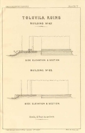 Plate Y. Toluvila ruins. Building No. 47. Side elevation & section. Building No. 65. Side elevation & section.