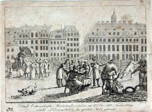 Durch österreichische Marketender werden am 12. November 1813 wieder Lebensmittel in die gerettete Stadt gebracht. Blatt 20 aus der Serie "Dresdens Not und Rettung, 1813"