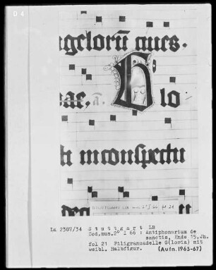Antiphonarium de Sanctis (Dominikanerinnenhandschrift) — Initiale G (loria) mit weiblicher Halbfigur, Folio 21recto