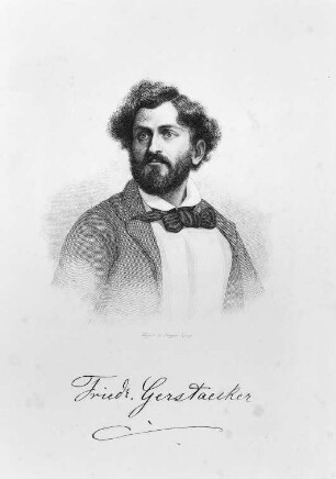 Hüftporträt Friedrich Gerstäcker (1816-1872; deutscher Schriftsteller). Kupferstich von Weger & Singer. Singer 32243