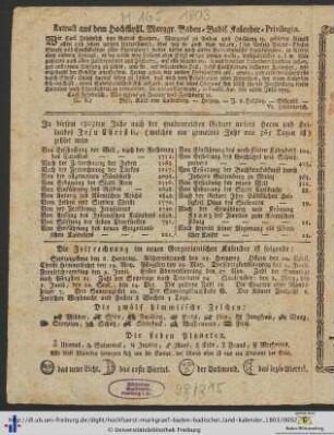 Extract aus dem Hochfürstl. Marggr. Baden-Badis. Kalender-Privilegio.