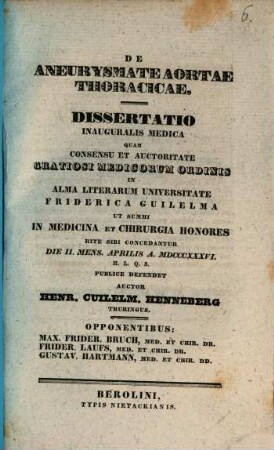 De aneurysmate aortae thoracicae : dissertatio inauguralis medica