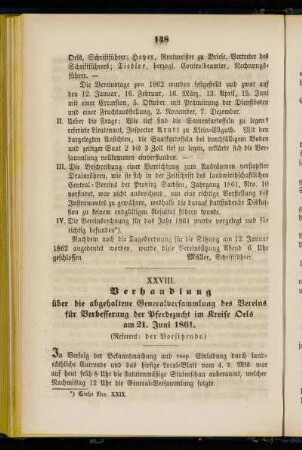 XXVIII. Verhandlung über die abgehaltene Generalversammlung des Vereins für Verbesserung der Pferdezucht im Kreise Oels am 21. Juni 1861.