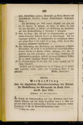 XXVIII. Verhandlung über die abgehaltene Generalversammlung des Vereins für Verbesserung der Pferdezucht im Kreise Oels am 21. Juni 1861.