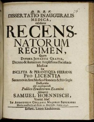 Dissertatio Inauguralis Medica, exhibens Recens-Natorum Regimen