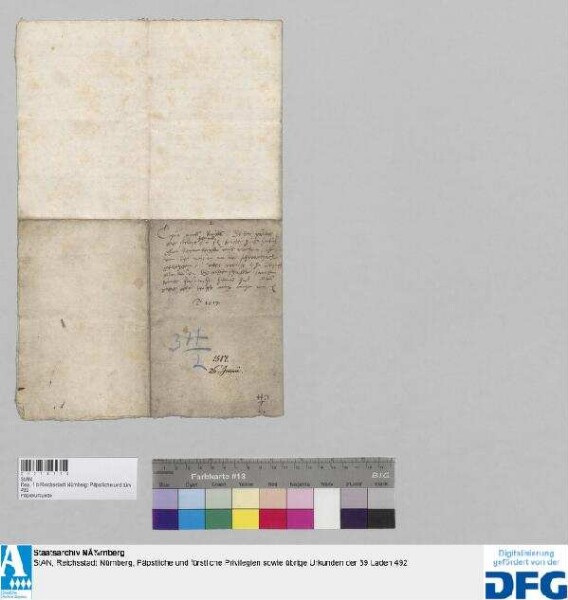 Jorg Steltzer zu Feucht und Margaretha, dessen Ehefrau, verkaufen mit Genehmigung Gabriel Nützels als Eigenherrn an Leonhart Fleck, Unterrichter, und Hans Volkart, Gotteshauspfleger zu Feucht, 2 fl. rh. Ewigzinses aus ihrer Wiese, die Fäglin genannt an der Schwarzach, bei des Rauffers Wiese, um 50 fl., welche ihnen Dr. Jorg Pessler, Fabian Harstorffer und Gabriel Nützel als Testamentsvollstrecker Katharien Harstorfferin in Gemässheit ihres letzten Willens bezahlt haben, dem Eigenherrn und dem Pfleger zum Heiligen Kreuz vor dem Neuen Tor an ihren Eigen- und Gatterzinsen unbeschadet.