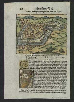 Ansicht von Gotha, Holzschnitt, um 1550 : Von der Statt Gothain Thüringen sampt ihrer Abcontrafactur / C. S. D. K.. - [Basilea] , [1550]. - 1 Ansicht : kolor. Holzschnitt ; Bildgr.: 16 x 13 cm +++ Auch enth. in : Cosmographia universalis / Sebastian Münster. - Mit Text und Porträt von Herzog Johann Friedrich, Churfürst zu Sachsen