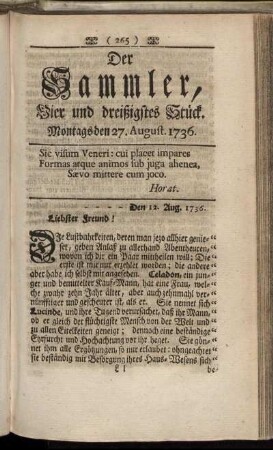 Vier und dreißigstes Stück. Montags den 27. August 1736.