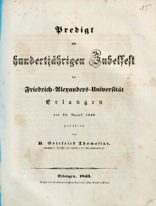 Predigt am hundertjährigen Jubelfest der Friedrich-Alexanders-Universität Erlangen : den 23. August 1843 gehalten