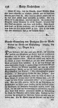Neueste Sammlung von Predigten über die Werke Gottes im Reiche der Schöpfung.