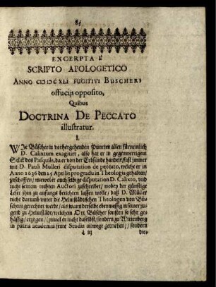 Excerpta E Scripto Apologetico Anno MDCXLI Fugitivi Büscheri offuciis opposito, Quibus Doctrina De Peccato illustratur.