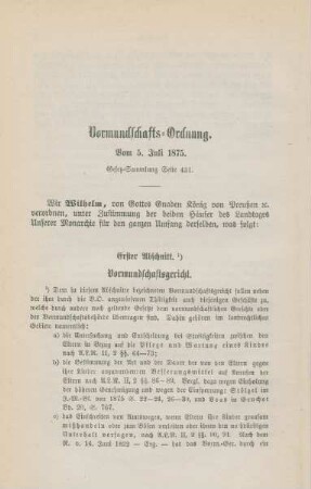 Vormundschafts-Ordnung. Vom 5. Juli 1875.