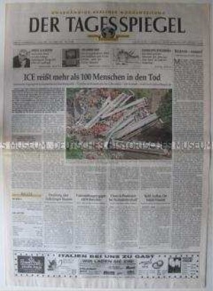 "Der Tagesspiegel", Berliner Tageszeitung mit Leitartikel über das ICE-Unglück in Eschede