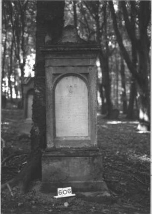 Grabstein 606 (Index: 99900687) Material: Sandstein, Marmor Zustand: Sandstein angewittert, Marmor gut erhalten Maße HxBxT: 200x60x24 cm Beschreibung: aufgesockelte Stele mit Giebelaufsatz, Giebel- und Eckakroterien, im Bogenfeld der Schrifttafeld Stern Symbolik: Stern: Grabstein 606