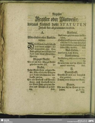 Register oder Blatweiser, woraus kürtzlich dieser Statuten Inhalt kan abgenommen werden