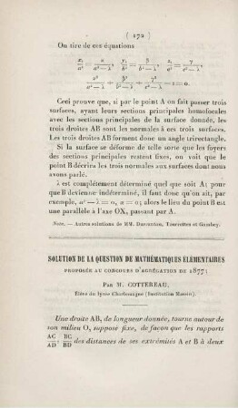 Solution de la question de mathématiques élémentaires proposée au concours d'agrégation de 1877.