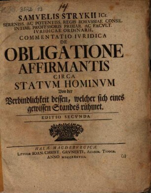 Commentatio iur. de obligatione affirmantis circa statum hominum