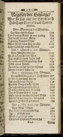 Register der Gesänge/ Wie sie sich auf die Sonn- und Fest-Tags Evangelia und Episteln schicken.