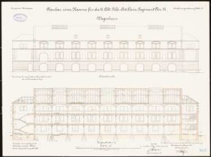 Artilleriekaserne II/27, Wiesbaden: Wagenhaus: Aufriss Südwestansicht, Längsschnitt 1:100