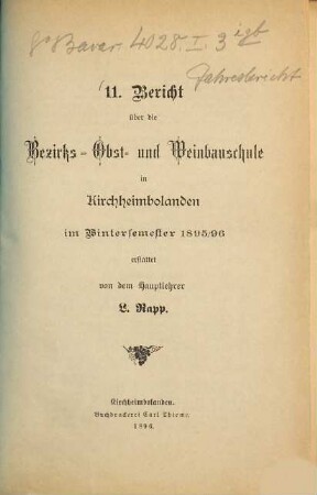 Bericht über die Bezirks-Obst- und Weinbauschule in Kirchheimbolanden. 11. 1895/96