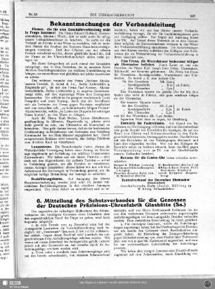6. Mitteilung des Schutzverbandes für die Genossen der Deutschen Präzisions-Uhrenfabrik Glashütte (Sa.)