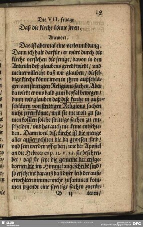 Die VII. fraage. Daß die kirche könne irren