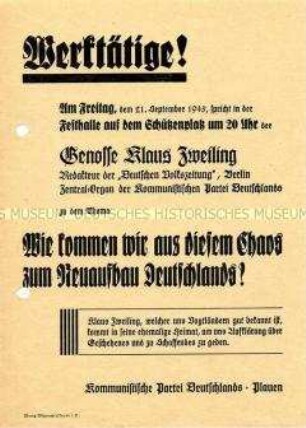 Einladung zu einer Veranstaltung der KPD zum Wiederaufbau