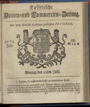 28. Stueck, Montag den 12ten Julii 1762