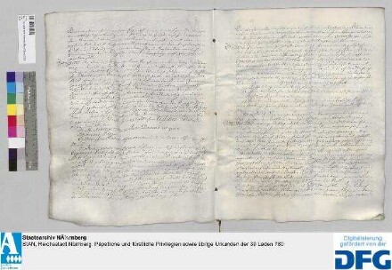 Vertrag zwischen Bischof Adam Friedrich von Bamberg und der Stadt Nürnberg über die hohe Zent- und niedern Gerichtsbarkeit über die im Dorfe Hausen dann überhaupt in der Cent Forchheim gelegenen Nürnbergischen Lehengüter /Im Anhang ein nach Ortschaften (genannt sind die Orte Adelsdorf, Dietzhof, Kirchehrenbach, Mittelehrenbach, Gaigang, Kersbach, Pinzberg, Poppendorf, Burk und Röttenbach) hergestelltes Verzeichnis der in den Dorfsfluren liegend "ledigen" Stück. - Siegler: Bischof und Domkapitel zu Bamberg, die Stadt Nürnberg. 1774 Februar 28, Bamberg; 1774 März 2, Nürnberg