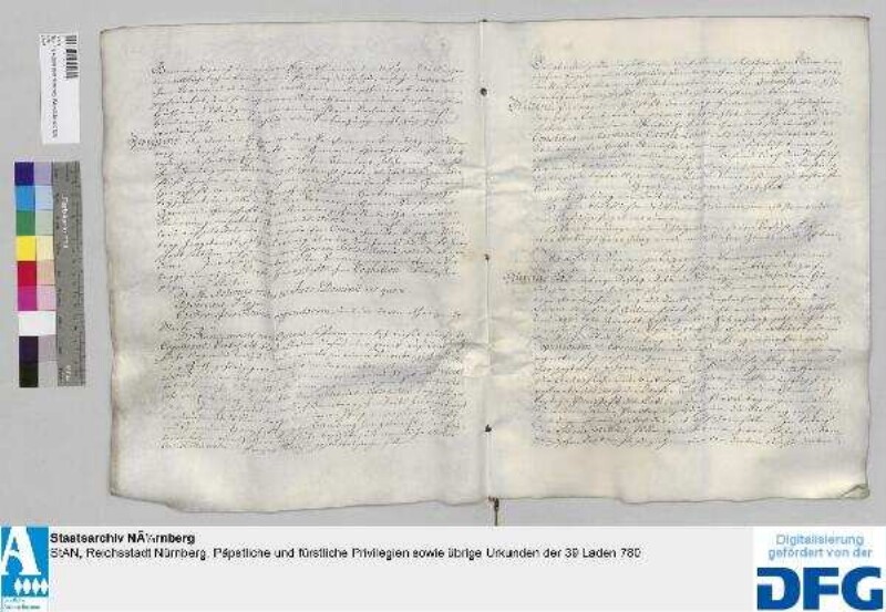 Vertrag zwischen Bischof Adam Friedrich von Bamberg und der Stadt Nürnberg über die hohe Zent- und niedern Gerichtsbarkeit über die im Dorfe Hausen dann überhaupt in der Cent Forchheim gelegenen Nürnbergischen Lehengüter /Im Anhang ein nach Ortschaften (genannt sind die Orte Adelsdorf, Dietzhof, Kirchehrenbach, Mittelehrenbach, Gaigang, Kersbach, Pinzberg, Poppendorf, Burk und Röttenbach) hergestelltes Verzeichnis der in den Dorfsfluren liegend "ledigen" Stück. - Siegler: Bischof und Domkapitel zu Bamberg, die Stadt Nürnberg. 1774 Februar 28, Bamberg; 1774 März 2, Nürnberg