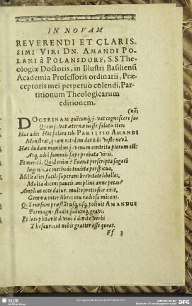 In Novam Reverendi et Clarissimi Viri Dn. Amandi Polani a Polansdorf, S.S. Theologiae Doctoris, in Illustri Basiliensi Academia Professoris ordinarii, Praeceptoris mei perpetuo colendi, Partitionum Theologicarum editionem