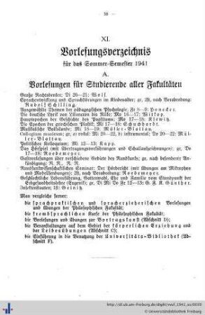 XI. Vorlesungsvereichnis für das Sommer-Semester 1942