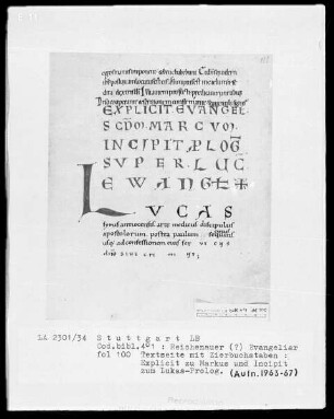 Evangeliar — Explicit zu Markus und Incipit zum Lukas-Prolog, Folio 100recto