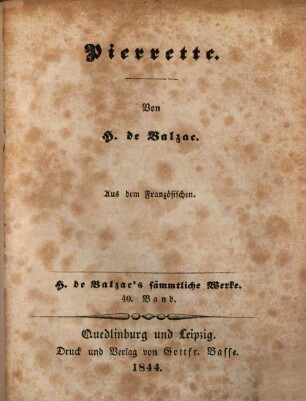 H. de Balzac's sämmtliche Werke, 40. Pierrette