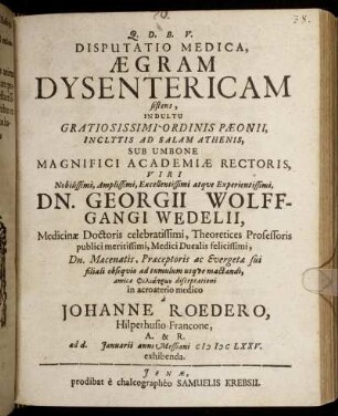 Disputatio Medica, Aegram Dysentericam sistens