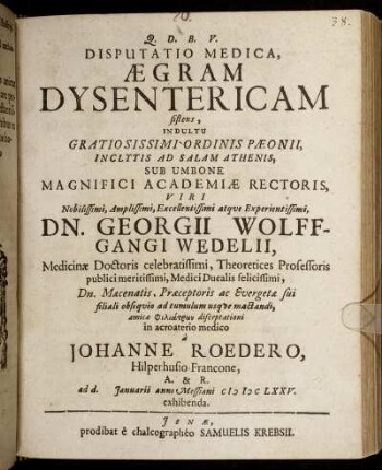 Disputatio Medica, Aegram Dysentericam sistens