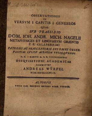 Observationes In Versvm I. Capitis I. Geneseos