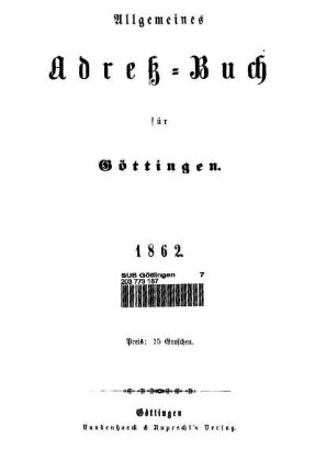 1862: Allgemeines Adressbuch für Göttingen