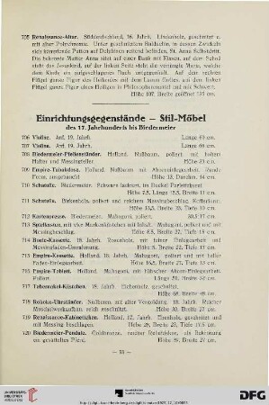 Einrichtungsgegenstände – Stil-Möbel des 17. Jahrhunderts bis Biedermeier (Nr. 706-807)