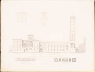 Die Friedenskirche in Sanssouci, Potsdam: Ansicht von Osten mit Nebengebäuden, vier Details (aus: Entwürfe zu Kirchen, Pfarr- und Schulhäusern, hrsg. von der Kgl. Preuß. Oberbaudeputation, 1845-1855)