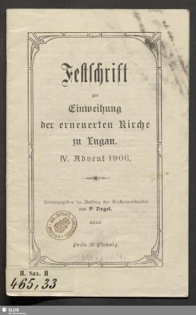 Festschrift zur Einweihung der erneuerten Kirche zu Lugau : IV. Advent 1906