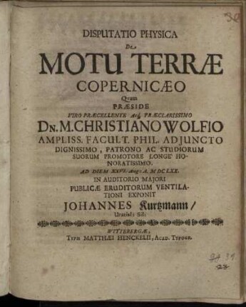 Disputatio Physica De Motu Terrae Copernicaeo