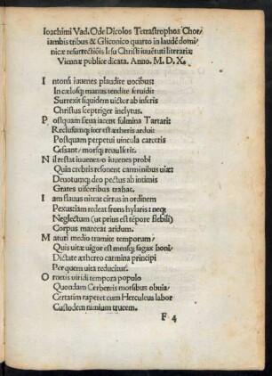 Ioachimi Vad. Ode Dicolos Tetrastrophos ... in laudem dominicae resurrectionis Iesu Christi ...