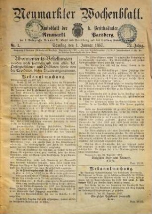 Neumarkter Wochenblatt : nationale Tageszeitung für die südwestliche Oberpfalz ; ältestes Heimatblatt ; Neumarkter Volkszeitung. 1887 = Jg. 52