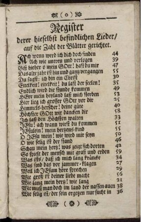 Register derer hieselbst befindlichen Lieder.