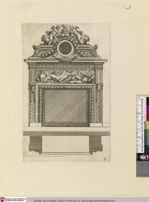 Diverses Inventions nouvelles pour des Cheminées, Bl. 8 [Kamin mit Relief: liegende Götter, o. leeres Rundfeld von Putti bekrönt sowie Grundrissausschnitt. (Wilke 2016)]