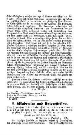 Eigenschaft der Universitäten in den neu erworbenen Landestheilen als inländische Universitäten bezüglich der Habilitation von Privatdocenten : [II. Akademien und Universitäten]